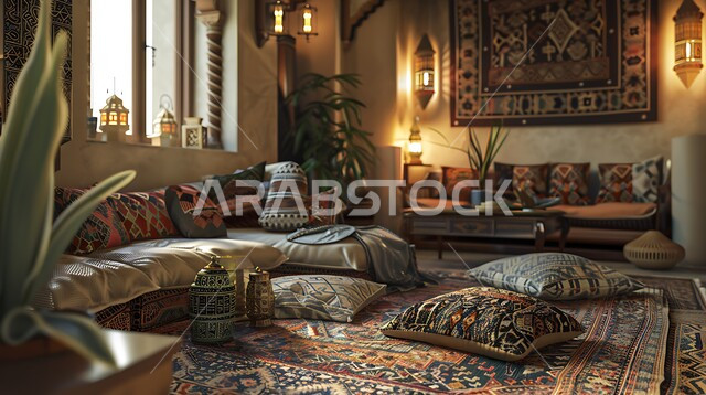 Antique decorations in the Kingdom of Saudi Arabia, traditional style interior designs for popular gatherings, adherence to Arab customs, traditions and ancient culture, living room with hand-made embroidered furniture and textiles