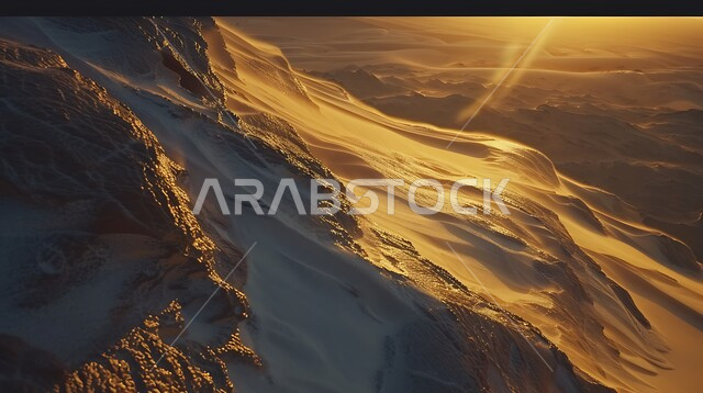 التضاريس و المرتفعات والقمم الجبلية في البراري، مناطق البادية والبيئة الطبيعية الصحراوية وقت غروب الشمس، التكوينات والتشكلات الرملية في صحراء المملكة العربية السعودية، الهضاب و التلال من الرمال الناعمة الذهبية، خلفية الطبيعة