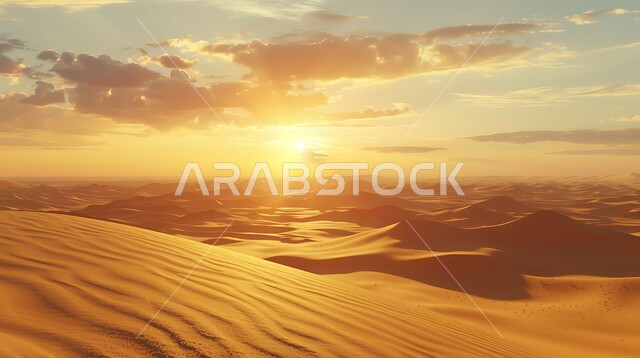 التضاريس و المرتفعات والقمم الجبلية في البراري، مناطق البادية والبيئة الطبيعية الصحراوية وقت غروب الشمس، التكوينات والتشكلات الرملية في صحراء المملكة العربية السعودية، الهضاب و التلال من الرمال الناعمة الذهبية، خلفية الطبيعة