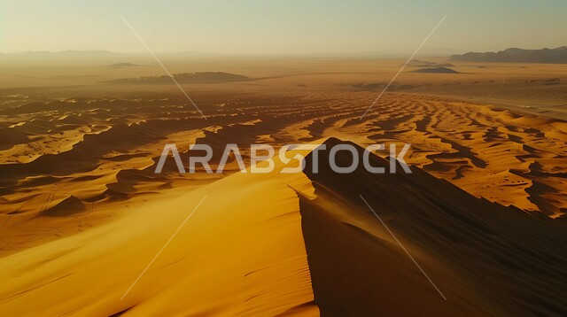 التكوينات والتشكلات الرملية في صحراء المملكة العربية السعودية، الهضاب و التلال من الرمال الناعمة في الربع الخالي، التضاريس و المرتفعات والقمم الجبلية في البراري، مناطق البادية والبيئة الطبيعية الصحراوية في النهار، خلفية الطبيعة