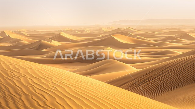 التكوينات والتشكلات الرملية في صحراء المملكة العربية السعودية، الهضاب و التلال من الرمال الناعمة في الربع الخالي، التضاريس و المرتفعات والقمم الجبلية في البراري، مناطق البادية والبيئة الطبيعية الصحراوية في النهار، خلفية الطبيعة