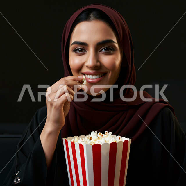  قضاء أوقات ممتعة ومسلية، مشاهدة فيلم سينمائي،بورتريه مقرب لإمرأة عربية خليجية سعودية ترتدي الحجاب والعباءة تقوم بتناول الفوشار في السينما وتنظر إلى الكاميرا بإيماءات البهجة والسرور، الاستمتاع بمشاهدة الأفلام في عطلة نهاية الأسبوع، خلفية سوداء