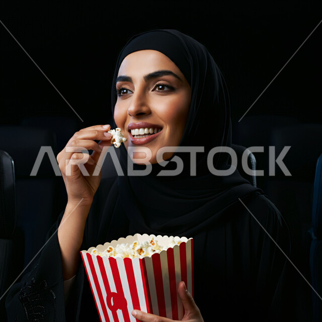  قضاء أوقات ممتعة ومسلية، مشاهدة فيلم سينمائي،بورتريه مقرب لإمرأة عربية خليجية سعودية ترتدي الحجاب والعباءة تقوم بتناول الفوشار في السينما وتنظر إلى شيء ما بإيماءات البهجة والسرور، الاستمتاع بمشاهدة الأفلام في عطلة نهاية الأسبوع، خلفية سوداء