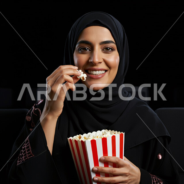 Watching a movie, having a fun and entertaining time, close-up portrait of a Saudi Arabian Gulf woman wearing hijab and abaya eating popcorn in the cinema and looking at the camera with gestures of joy and pleasure, enjoying watching movies on the weekend, black background