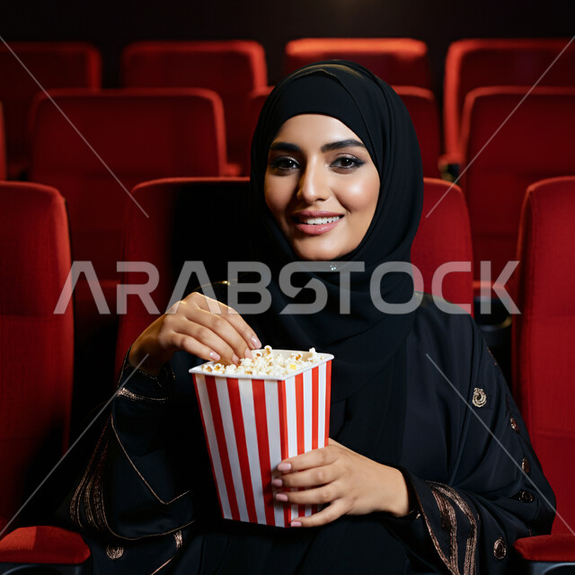 مشاهدة فيلم سينمائي، قضاء أوقات ممتعة ومسلية، إمرأة عربية خليجية سعودية ترتدي الحجاب والعباءة تجلس في السينما تحمل بيدها علبة الفوشار وتنظر إلى الكاميرا بإيماءات البهجة والسرور، الاستمتاع بمشاهدة الأفلام في عطلة نهاية الأسبوع
