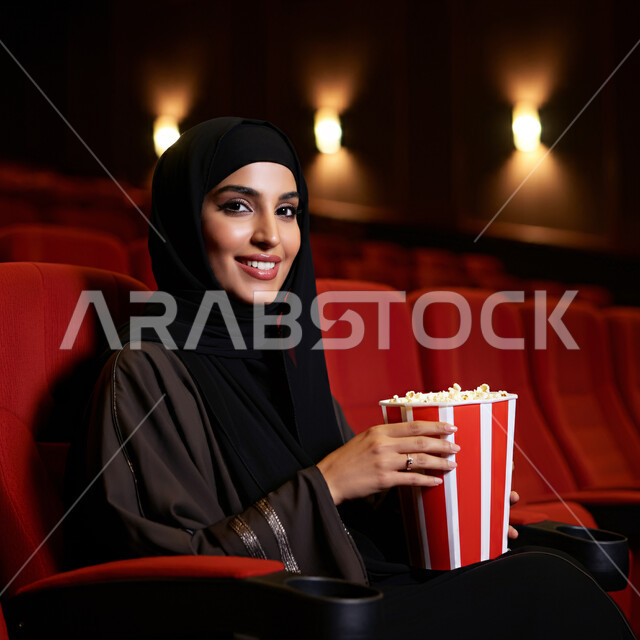 مشاهدة فيلم سينمائي، قضاء أوقات ممتعة ومسلية، إمرأة عربية خليجية سعودية ترتدي الحجاب والعباءة تجلس في السينما تحمل بيدها علبة الفوشار وتنظر إلى الكاميرا بإيماءات البهجة والسرور، الاستمتاع بمشاهدة الأفلام في عطلة نهاية الأسبوع