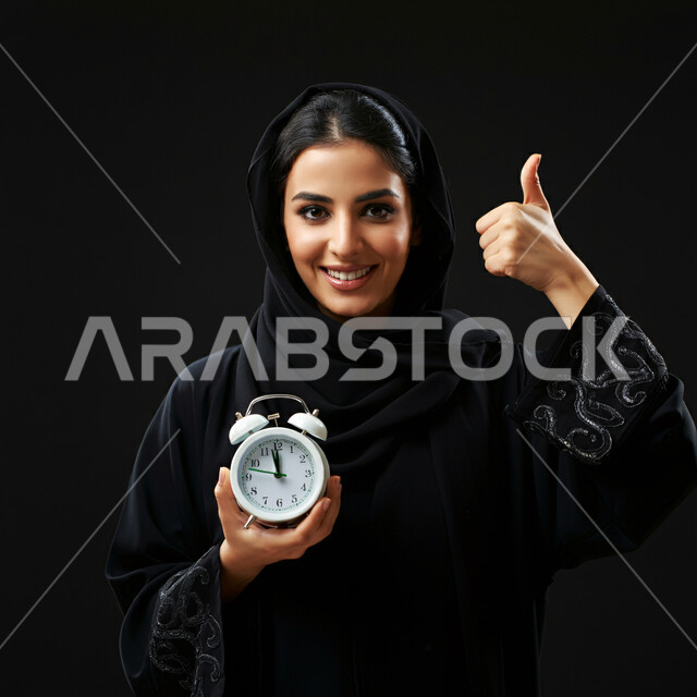 مفهوم الدقة في المواعيد، بورتريه مقرب لشابة عربية خليجية سعودية ترتدي الحجاب والعباءة تحمل بيديها ساعة منبه وتنظر إلى الكاميرا بإيماءات السرور، إنجاز المهمات في الأوقات المحددة، طرق تنظيم وإدارة الوقت، خلفية سوداء