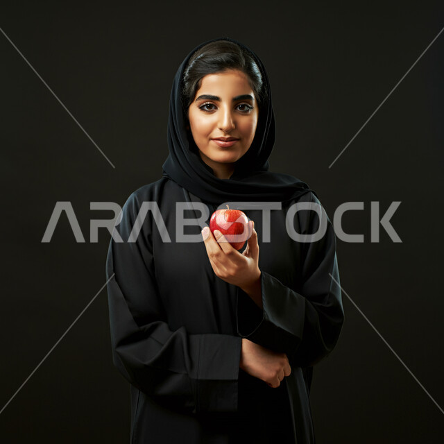 فطور وسناك مليء بالفيتامينات المغذية للجسم، اتباع نظام غذائي صحي، بورتريه مقرب لشابة عربية خليجية سعودية ترتدي الحجاب والعباءة تحمل بيدها تفاحة حمراء وتنظر إلى الكاميرا، فاكهة طازجة مفيدة للصحة، الاهتمام بالرشاقة الجسدية، خلفية سوداء