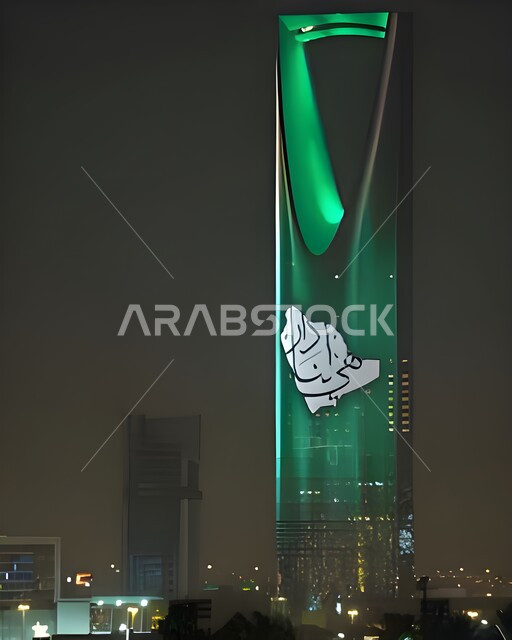 ذكرى تأسيس الدولة السعودية الأولى 22 فبراير، التطور و النمو العمراني، عرض الألعاب النارية فوق برج المملكة المضيء بالون علم المملكة مع عبارة هي لنا دار ليلا، الاحتفال باليوم الوطني السعودي، الفن الهندسي المعماري على الطراز الحديث لناطحات السحاب، يوم بدينا 1727 م