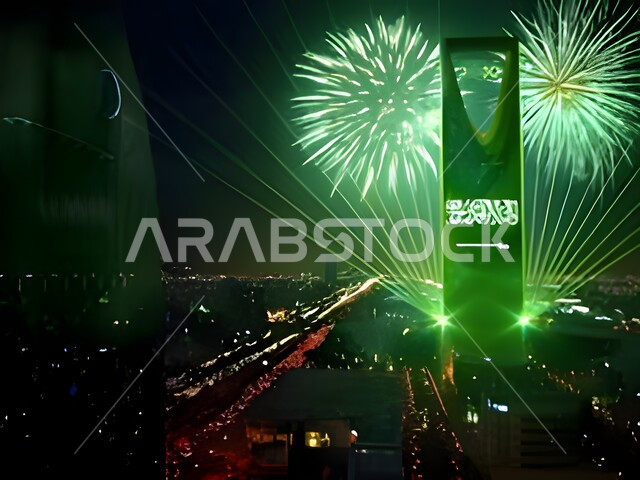 التطور و النمو العمراني، عرض الألعاب النارية فوق برج المملكة المضيء باللون الاخضر ليلا احتفالاً باليوم الوطني السعودي، الفن الهندسي المعماري على الطراز الحديث لناطحات السحاب، يوم بدينا 1727 م، ذكرى تأسيس الدولة السعودية الأولى 22 فبراير