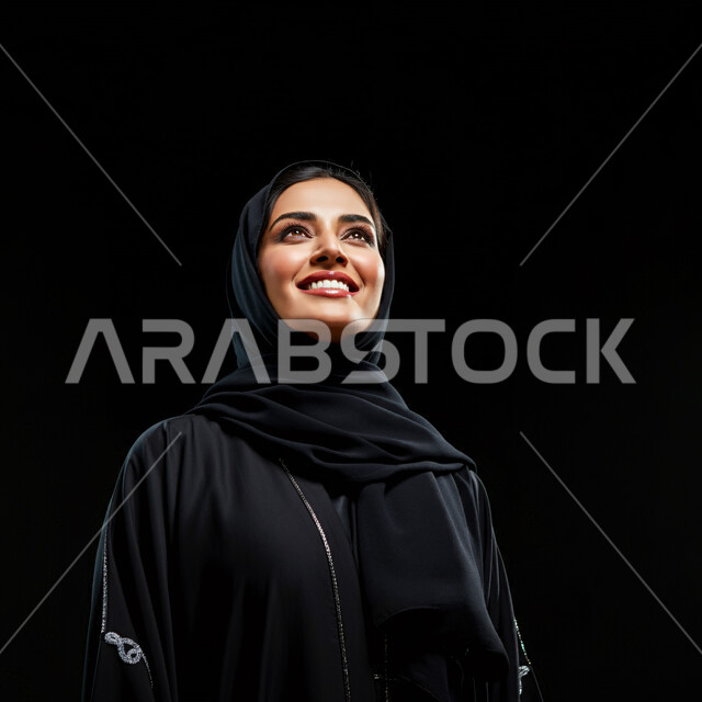 مفهوم الأنوثة والنعومة، بورتريه مقرب لامرأة عربية خليجية سعودية مبتسمة ترتدي الحجاب والعباءة تنظر إلى الأعلى  بإيماءات الثقة بالنفس والفرح، الاهتمام بالأناقة والمظهر الخارجي، تعابير السرور والسعادة، خلفية سوداء