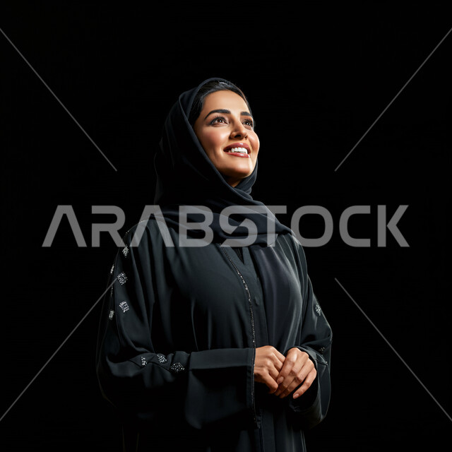 تعابير السرور والسعادة، مفهوم الأنوثة والنعومة، بورتريه مقرب لامرأة عربية خليجية سعودية مبتسمة ترتدي الحجاب والعباءة تنظر إلى الأعلى  بإيماءات الثقة بالنفس والفرح، الاهتمام بالأناقة والمظهر الخارجي، خلفية سوداء