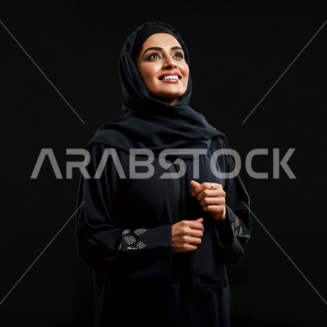 تعابير السرور والسعادة، مفهوم الأنوثة والنعومة، بورتريه مقرب لامرأة عربية خليجية سعودية مبتسمة ترتدي الحجاب والعباءة تنظر إلى الأعلى  بإيماءات الثقة بالنفس والفرح، الاهتمام بالأناقة والمظهر الخارجي، خلفية سوداء