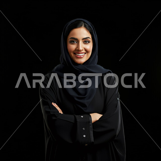 مفهوم الثقة بالنفس والاهتمام بالمظهر الخارجي، بورتريه مقرب لامرأة عربية خليجية سعودية مبتسمة ترتدي الحجاب  والعباءة تنظر الى الكاميرا بإيماءات أيدي متقاطعة، أزياء محجبات عصرية راقية، الملامح العربية الأصيلة، خلفية سوداء