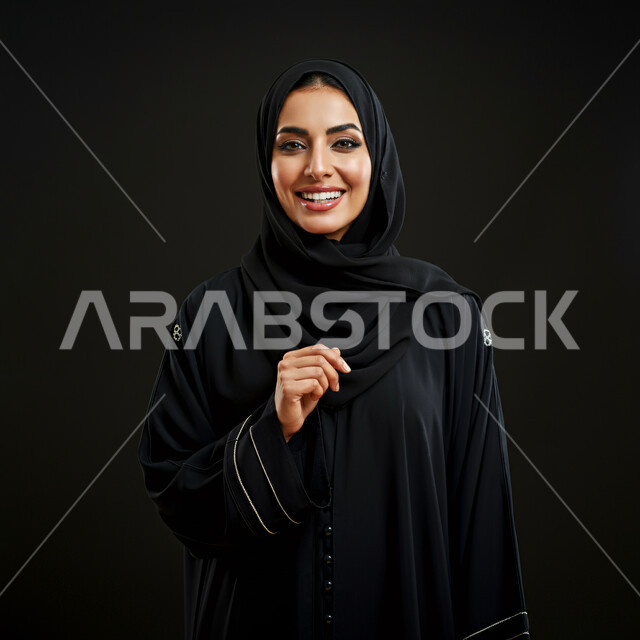أزياء محجبات عصرية راقية، مفهوم الأناقة والاهتمام بالمظهر الخارجي، بورتريه مقرب لامرأة عربية خليجية سعودية مبتسمة ترتدي الحجاب  والعباءة تنظر الى الكاميرا بإيماءات السرور والثقة بالنفس، الملامح العربية الأصيلة، خلفية سوداء