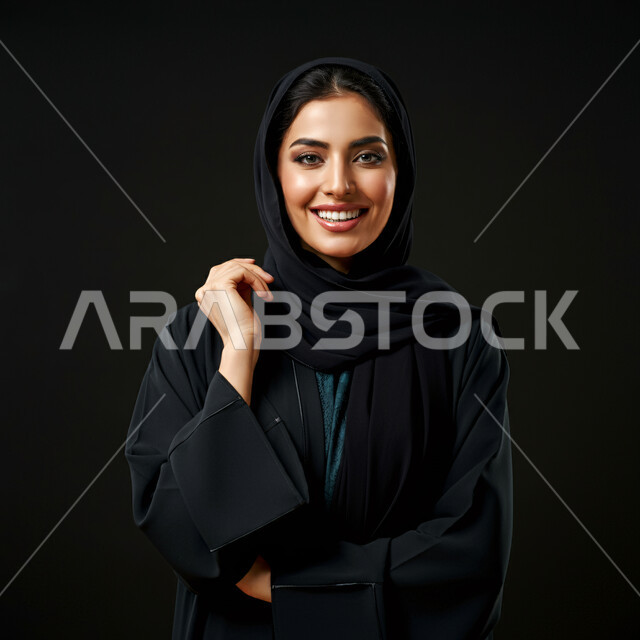 Modern and elegant veiled fashion, the concept of elegance and interest in external appearance, a close-up portrait of a smiling Saudi Arabian Gulf woman wearing the hijab and abaya, looking at the camera with gestures of pleasure and self-confidence, authentic Arab features, black background