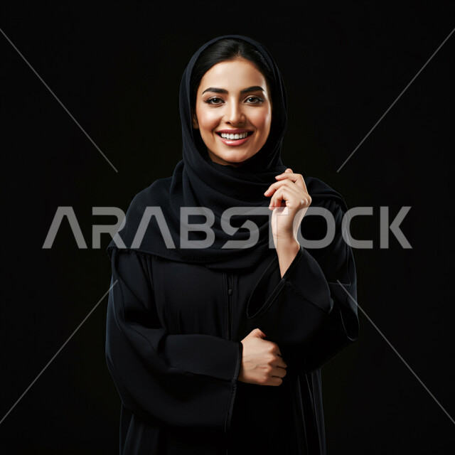 أزياء محجبات عصرية راقية، مفهوم الأناقة والاهتمام بالمظهر الخارجي، بورتريه مقرب لامرأة عربية خليجية سعودية مبتسمة ترتدي الحجاب  والعباءة تنظر الى الكاميرا بإيماءات السرور والثقة بالنفس، الملامح العربية الأصيلة، خلفية سوداء