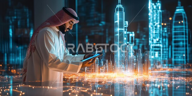  استخدام خاصية الهولجرام ثلاثية الأبعاد، رجل عربي سعودي خليجي يرتدي الثوب مع الشماغ ويستخدم جهاز تابليت، ناطحات السحاب الهولوجرامية، الرؤية لتحقيق الانجازات و الابتكارات
