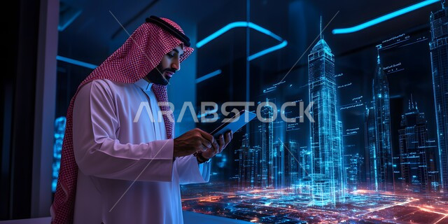  استخدام خاصية الهولجرام ثلاثية الأبعاد، رجل عربي سعودي خليجي يرتدي الثوب مع الشماغ ويستخدم جهاز تابليت، ناطحات السحاب الهولوجرامية، الرؤية لتحقيق الانجازات و الابتكارات