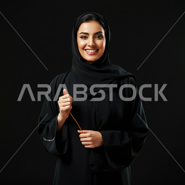 تعابير السرور والسعادة، مفهوم الأنوثة والنعومة، بورتريه لامرأة عربية خليجية سعودية مبتسمة ترتدي الحجاب والعباءة تحمل بيدها شيء ما، إيماءات الثقة بالنفس والفرح، الاهتمام بالأناقة والمظهر الخارجي، خلفية سوداء
