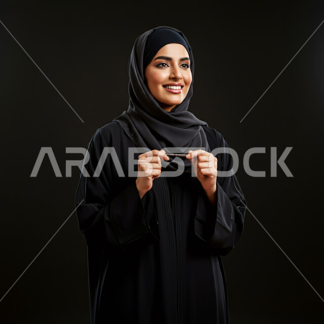 تعابير السرور والسعادة، مفهوم الأنوثة والنعومة، بورتريه لامرأة عربية خليجية سعودية مبتسمة ترتدي الحجاب والعباءة تحمل بيدها شيء ما، إيماءات الثقة بالنفس والفرح، الاهتمام بالأناقة والمظهر الخارجي، خلفية سوداء