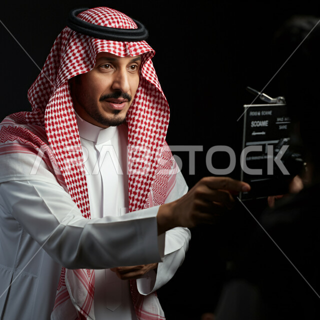 التجهيزات خلف الكواليس، إدارة العمل الفني، رجل عربي سعودي خليجي  يرتدي الثوب التقليدي والشماغ يقف داخل موقع التصوير وينظر إلى شيء ما، إخراج المسلسلات والأفلام، متابعة السيناريو والحوار والتصوير السينيمائي، الإشراف على طاقم التمثيل والعمل