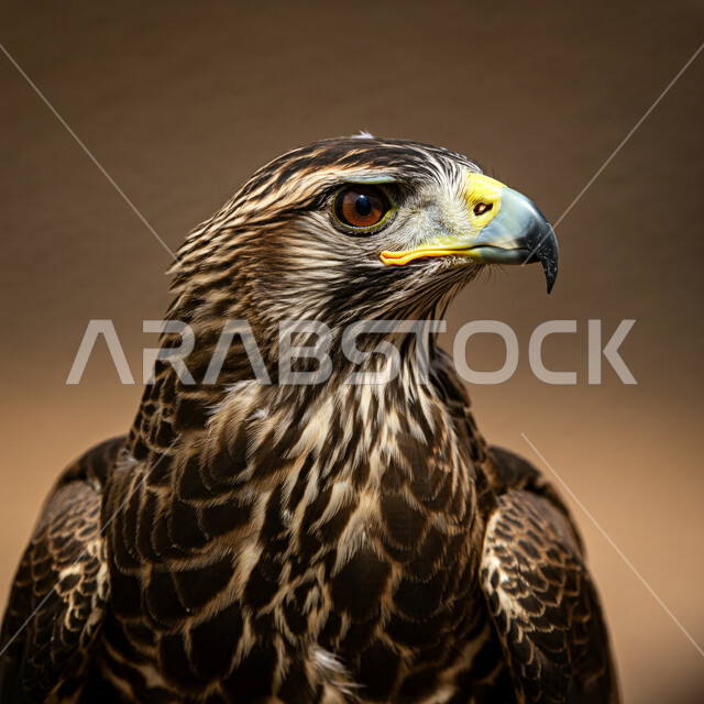 رمز القوة والتحدي وحدة البصر، صورة مقربة من الجانب لطائر الصقر في احدى المحميات الطبيعية، ترويض وتدريب الطيور الجارحة والمفترسة، إقامة نادي الصقور في موسم الصيد السنوي في المملكة العربية السعودية، الفخر بالتراث السعودي العريق