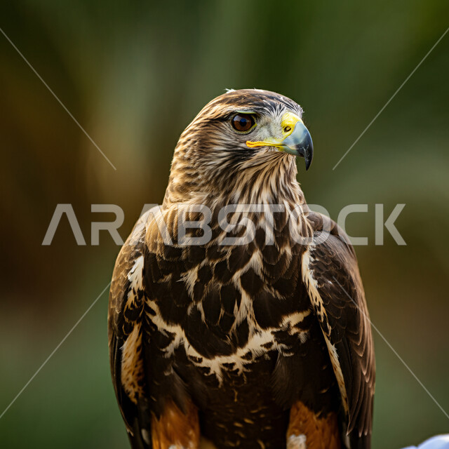 رمز القوة والتحدي وحدة البصر، صورة مقربة من الجانب لطائر الصقر في احدى المحميات الطبيعية، ترويض وتدريب الطيور الجارحة والمفترسة، إقامة نادي الصقور في موسم الصيد السنوي في المملكة العربية السعودية، الفخر بالتراث السعودي العريق