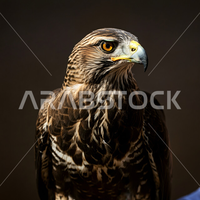 Taming and training birds of prey and predators, Falcon Club establishment in the annual hunting season in the Kingdom of Saudi Arabia, symbol of strength, challenge and sharp eyesight, close-up portrait of a falcon, pride in the ancient Saudi heritage, black background
