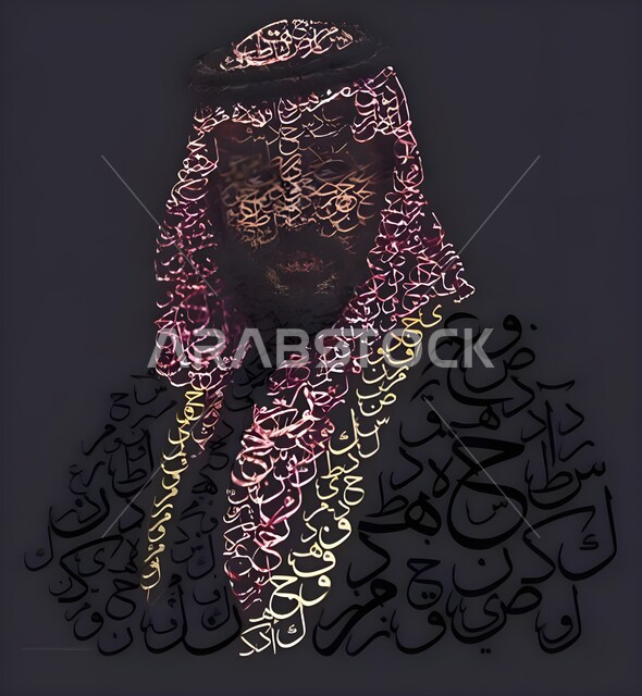 فنون الرسم بالمملكة العربية السعودية، حروف اللغة العربية الأصيلة، رسمة لولي العهد الملك محمد بن سلمان يرتدي البشت والشماغ ينظر الى شيء ما، التعبير عن المحبة، خلفية سوداء
