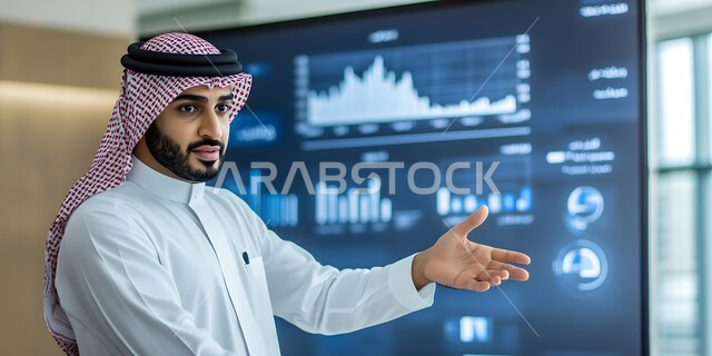 سوق البورصة العالمي، تداول العملة الرقمية، دمج التكنولوجيا المتطورة مع العمل، مراقبة الرسوم البيانيه الهولوجراميه على الشاشات الالكترونيه المضيئه، صورة مقربة لرجل أعمال عربي خليجي سعودي يرتدي الثوب التقليدي والشماغ يقوم بمراقبة ارتفاع وانخفاض الأسهم