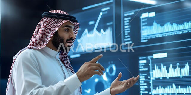 سوق البورصة العالمي، تداول العملة الرقمية، دمج التكنولوجيا المتطورة مع العمل، مراقبة الرسوم البيانيه الهولوجراميه على الشاشات الالكترونيه المضيئه، صورة مقربة لرجل أعمال عربي خليجي سعودي يرتدي الثوب التقليدي والشماغ يقوم بمراقبة ارتفاع وانخفاض الأسهم