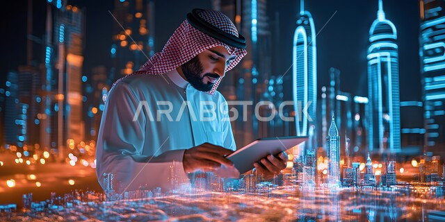 دمج التكنولوجيا المتطورة مع العمل، مراقبة الرسوم البيانيه الهولوجراميه، صورة مقربة لرجل عربي خليجي سعودي يرتدي الثوب التقليدي والشماغ يقوم بالعمل على جهاز التابليت في وقت المساء, الابراج وناطحات السحاب