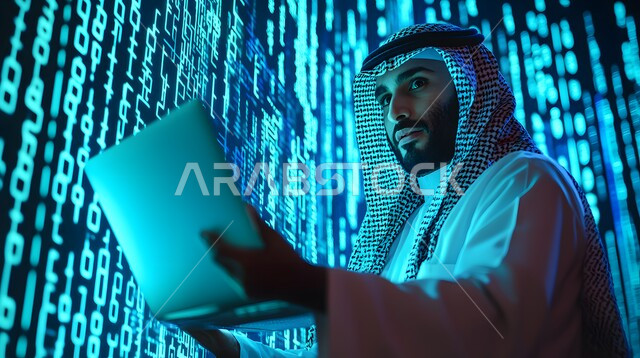استخدام لغات البرمجة، رجل عربي خليجي سعودي يرتدي الثوب التقليدي و يستخدم التابليت، العمل في تطوير شبكة الحاسوب والانظمة البرمجية، اكواد وخوارزميات برمجية بتقنية الهولوجرام ثلاثية الابعاد