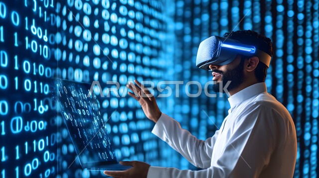 استخدام لغات البرمجة، رجل عربي خليجي سعودي يرتدي الثوب التقليدي يضع نظارات الواقع الافتراضي في آر ويستخدم التابليت، العمل في تطوير شبكة الحاسوب والانظمة البرمجية، اكواد وخوارزميات برمجية بتقنية الهولوجرام ثلاثية الابعاد