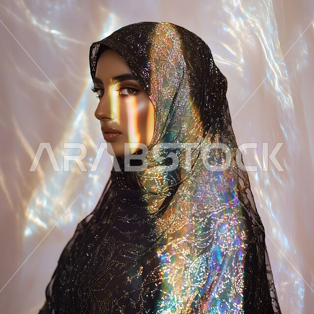 The concept of elegance, femininity and softness, attention to external appearance, veiled fashion and Islamic women’s clothing in modern colors, highlighting Saudi beauty, a close-up photo of a Saudi Gulf Arab woman wearing the hijab