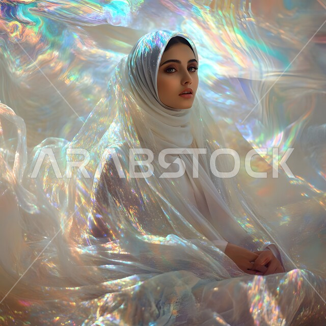 The concept of elegance, femininity and softness, attention to external appearance, veiled fashion and Islamic women’s clothing in modern colors, highlighting Saudi beauty, a close-up photo of a Saudi Gulf Arab woman wearing the hijab