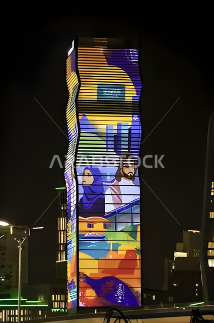 King Abdullah Financial District (KAFD) is lit up with the slogan “We Dream and Achieve”, financial and economic facilities in Riyadh, urban growth and development in the Kingdom of Saudi Arabia, architectural art of towers and skyscrapers, commemorating Saudi National Day on September 23