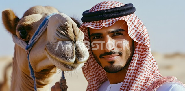 ايماءات الحزم والجدية والقوة، صورة مقربة لرجل عربي خليجي سعودي يرتدي العقال و الشماغ بجانب جمل النظر الى الكاميرا بتعابير الثقة بالنفس، مفهوم الرجولة و الشياكة، الاهتمام براعية الحيوانات والماشية