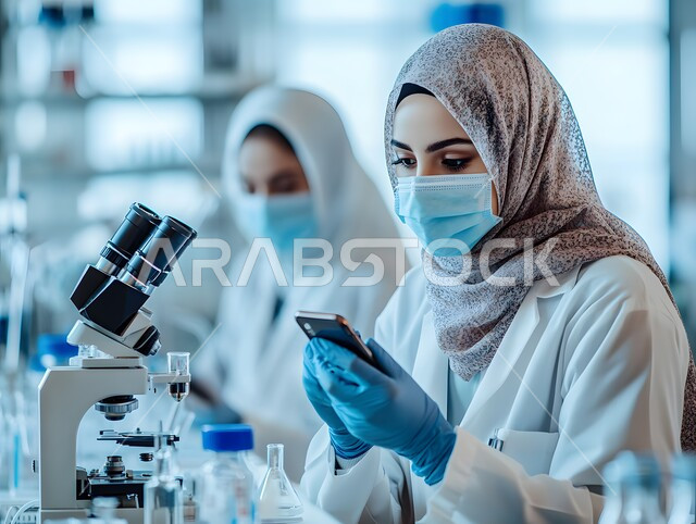 Using advanced testing devices to analyze various samples, medical testing and chemical analysis laboratories, pharmaceutical industries laboratory, two veiled Saudi Gulf Arab women wearing a coat and mask researching the sample and looking into the microscope, conducting experiments and bioscientific research.