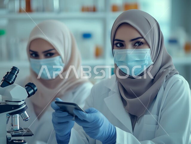 استخدام أجهزة الفحص المتطورة لتحليل العينات المختلفة، مختبرات الفحوصات الطبية والتحاليل الكيمائية، معمل الصناعات الدوائية، امرأتان عربيتان خليجيتان سعوديتان محجبتان ترتديان المعطف والكمامة تقوم بالبحث حول العينة والنظر في المجهر، إجراء التجارب والبحوث العلمية الحيوية