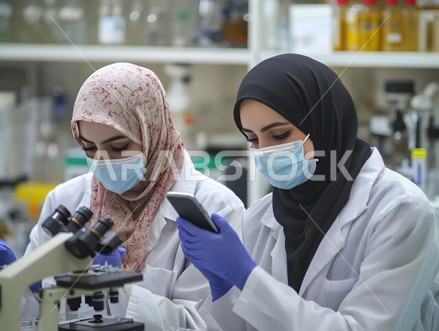 Using advanced testing devices to analyze various samples, medical testing and chemical analysis laboratories, pharmaceutical industries laboratory, two veiled Saudi Gulf Arab women wearing a coat and mask researching the sample and looking into the microscope, conducting experiments and bioscientific research.