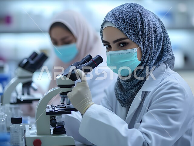 استخدام أجهزة الفحص المتطورة لتحليل العينات المختلفة، مختبرات الفحوصات الطبية والتحاليل الكيمائية، معمل الصناعات الدوائية، امرأتان عربيتان خليجيتان سعوديتان محجبتان ترتديان المعطف والكمامة تقوم بالبحث حول العينة والنظر في المجهر، إجراء التجارب والبحوث العلمية الحيوية