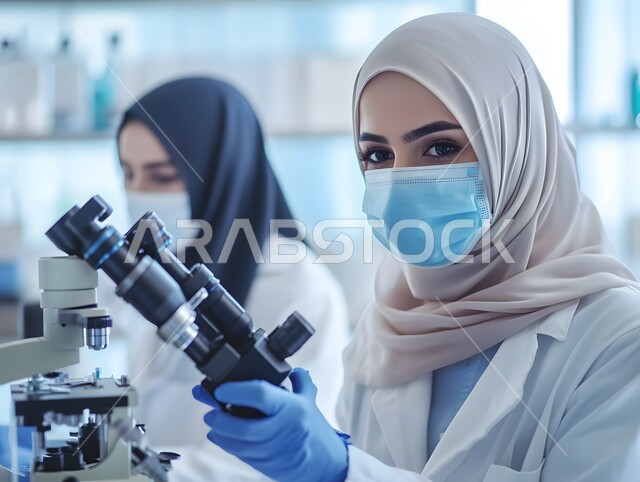 استخدام أجهزة الفحص المتطورة لتحليل العينات المختلفة، مختبرات الفحوصات الطبية والتحاليل الكيمائية، معمل الصناعات الدوائية، امرأتان عربيتان خليجيتان سعوديتان محجبتان ترتديان المعطف والكمامة تقوم بالبحث حول العينة والنظر في المجهر، إجراء التجارب والبحوث العلمية الحيوية