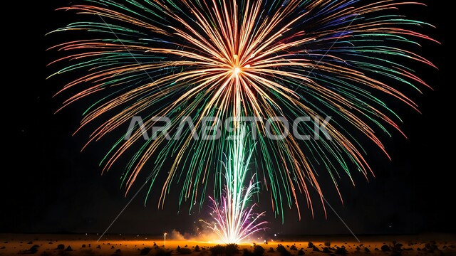 احتفالات ومهرجانات في اليوم الوطني السعودي في 23 سبتمبر, الأعياد والمناسبات الوطنية السعيدة, يوم العلم 11 مارس, الفعاليات والأنشطة الترفيهية في السماء ليلا, منظر المفرقعات الملونة والالعاب النارية