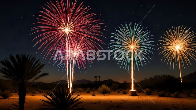 احتفالات ومهرجانات في اليوم الوطني السعودي في 23 سبتمبر, الأعياد والمناسبات الوطنية السعيدة, يوم العلم 11 مارس, الفعاليات والأنشطة الترفيهية في السماء ليلا, منظر المفرقعات الملونة والالعاب النارية