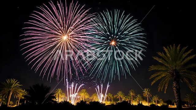 احتفالات ومهرجانات في اليوم الوطني السعودي في 23 سبتمبر, الأعياد والمناسبات الوطنية السعيدة, يوم العلم 11 مارس, الفعاليات والأنشطة الترفيهية في السماء ليلا, منظر المفرقعات الملونة والالعاب النارية