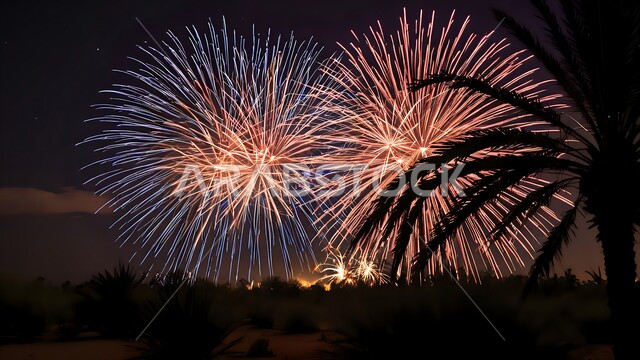 احتفالات ومهرجانات في اليوم الوطني السعودي في 23 سبتمبر, الأعياد والمناسبات الوطنية السعيدة, يوم العلم 11 مارس, الفعاليات والأنشطة الترفيهية في السماء ليلا, منظر المفرقعات الملونة والالعاب النارية
