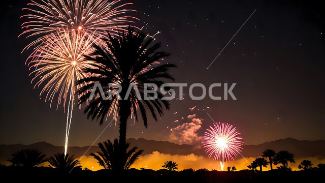 احتفالات ومهرجانات في اليوم الوطني السعودي في 23 سبتمبر, الأعياد والمناسبات الوطنية السعيدة, يوم العلم 11 مارس, الفعاليات والأنشطة الترفيهية في السماء ليلا, منظر المفرقعات الملونة والالعاب النارية