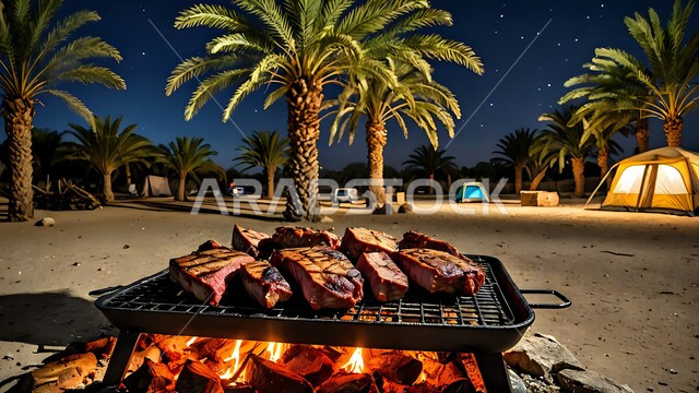 قطع اللحم المشوية الطازجة على المنقل في الصحراء البرية، مأكولات وأصناف عربية شرقية، أطباق الباربكيو الشهية، وجبات الطعام اللذيذة الصحية، مطاعم الشواء في المملكة العربية السعودية، حفلة شواء في الطبيعة